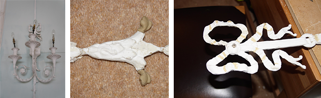 One of the wall lamps before conservation (left), composition repair fitted prior to filling and decoration, and the repairs to the decorative ribbon using composition to fill larger cracks (right)