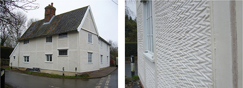 Dragon, herringbone: 15th-century property whose whole elevation had been rendered over with plain cement. But rear elevation had areas of this design under heavy paint, so new lime render was applied and previous design re-instated